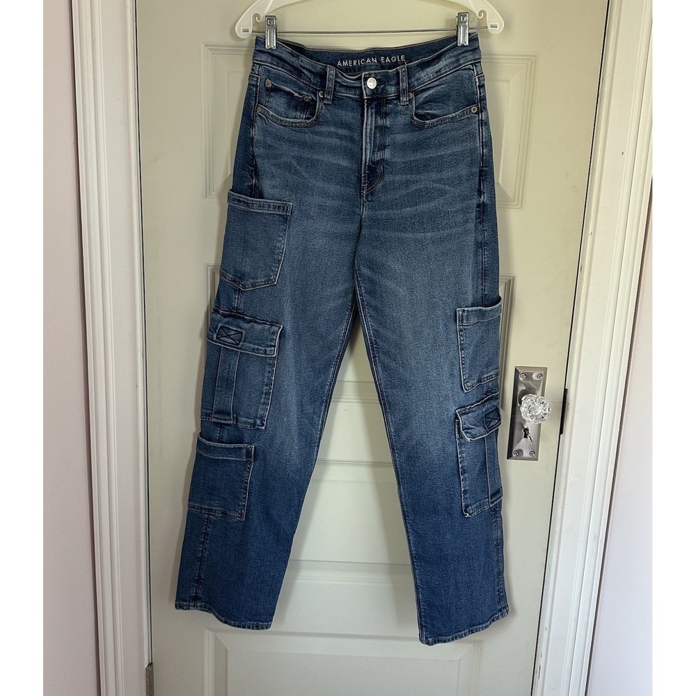 American Eagle Women 6 Super High Rise Cargo Baggy Straight Stretch Denim Jeans